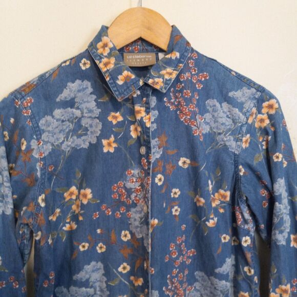 Vintage Liz Claiborne Floral Chambray Button Up Blouse-Petite Small-90s-Cottage - Picture 2 of 8